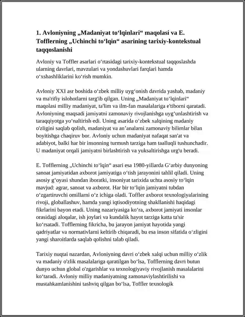 AVLONIYNING „MADANIYAT TOʻLQINLARI“ MAQOLASI VA E.TOFFLERNING „UCHINCHI TOʻLQIN“ ASARINI QIYOSIY TAHLIL QILISH 3