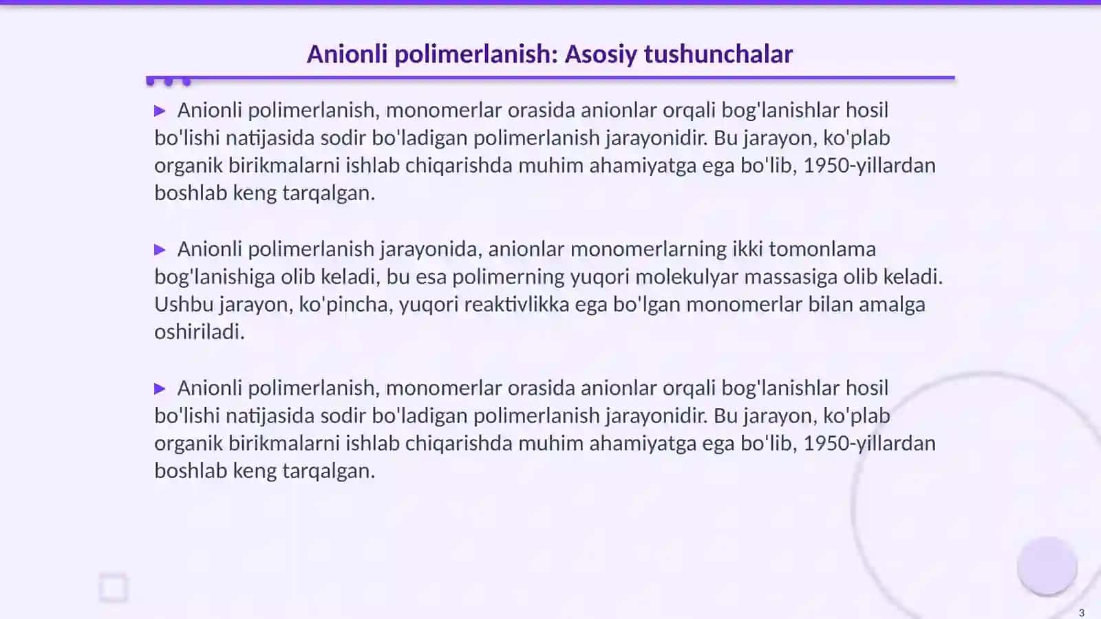Anionli polimerlanish reaksiyalari va ularning o'ziga xos hususiyatlari 3