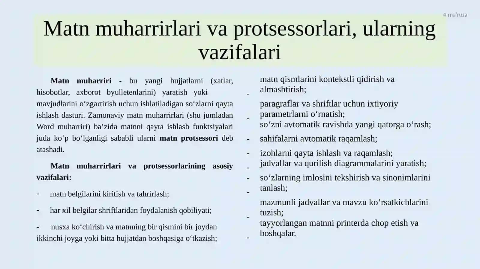 Ma’ruza №4 Zamonaviy matn muharrirlari va protsessorlari 3