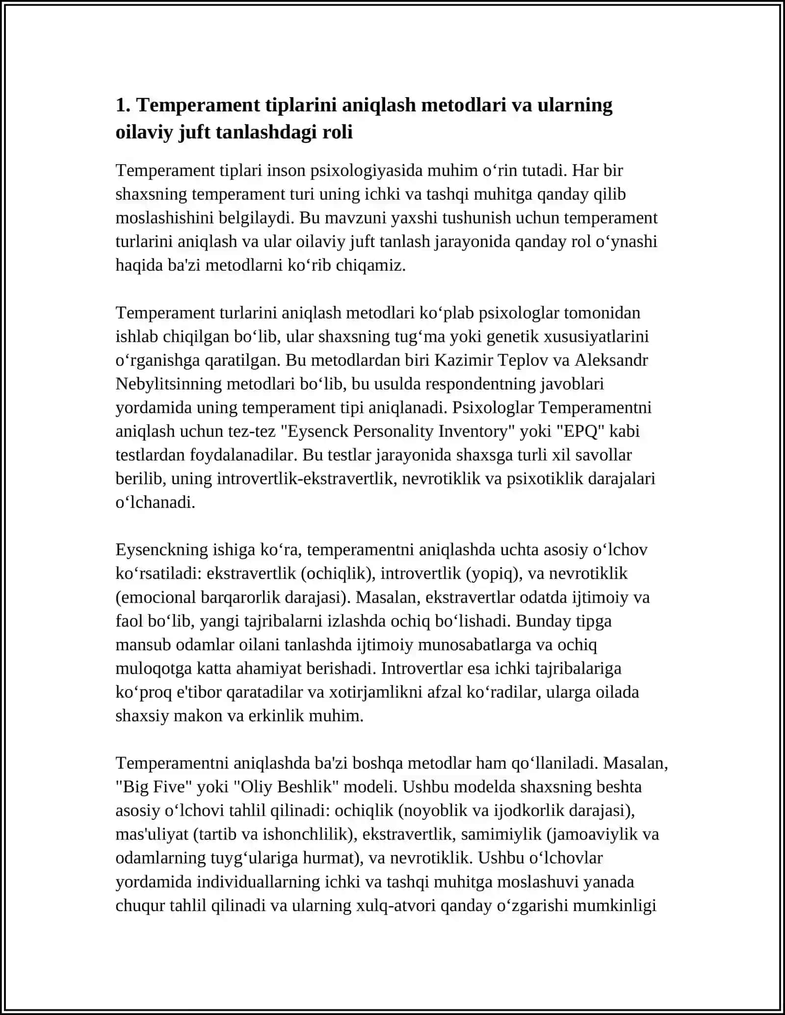 TEMPERAMENT TIPIGA MOS JUFT TANLASH - OILAVIY MUNOSABATLAR MUSTAHKAMLIGI OMILI SIFATIDA 3