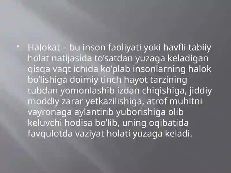 Halokatlar tibbiyoti va favkulodda vaziyatlar ta’rifi. Halokatlar tasnifi. Halokatlarning tibbiy tavsifi. Dastlabki birlamchi tekshirish o‘tkazish. Ikkimlamchi tekshiruv va qayta baxolash. Tez tibbiy yordam ko‘rsatish 3