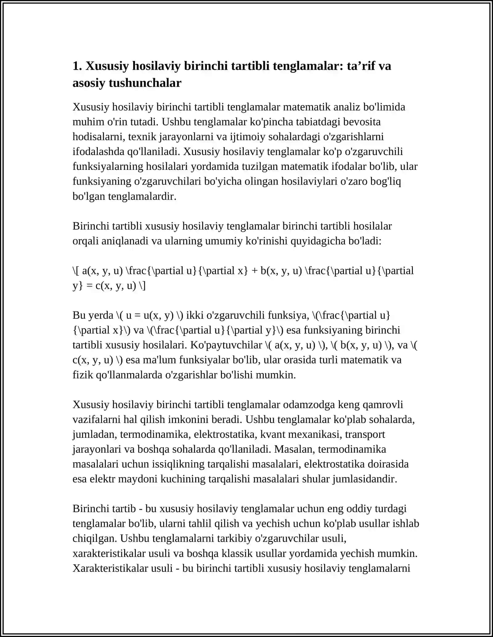 Xususiy hosilaviy birinchi tartibli tenglamalar 3