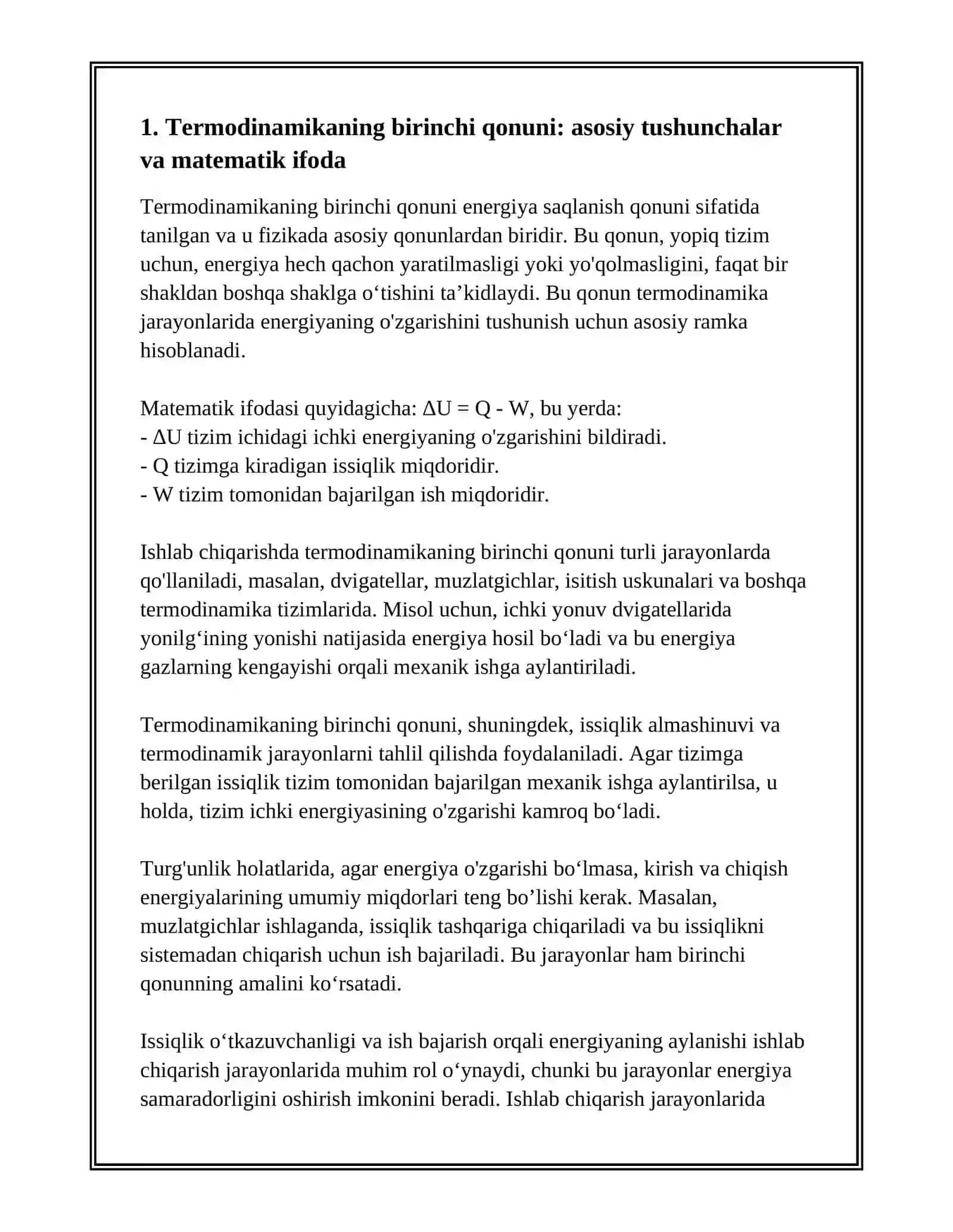 TERMODINAMIKANING BIRINCHI QONUNI VA UNI ISHLAB CHIQARISH JARAYONLARIDAGI ROLI 3