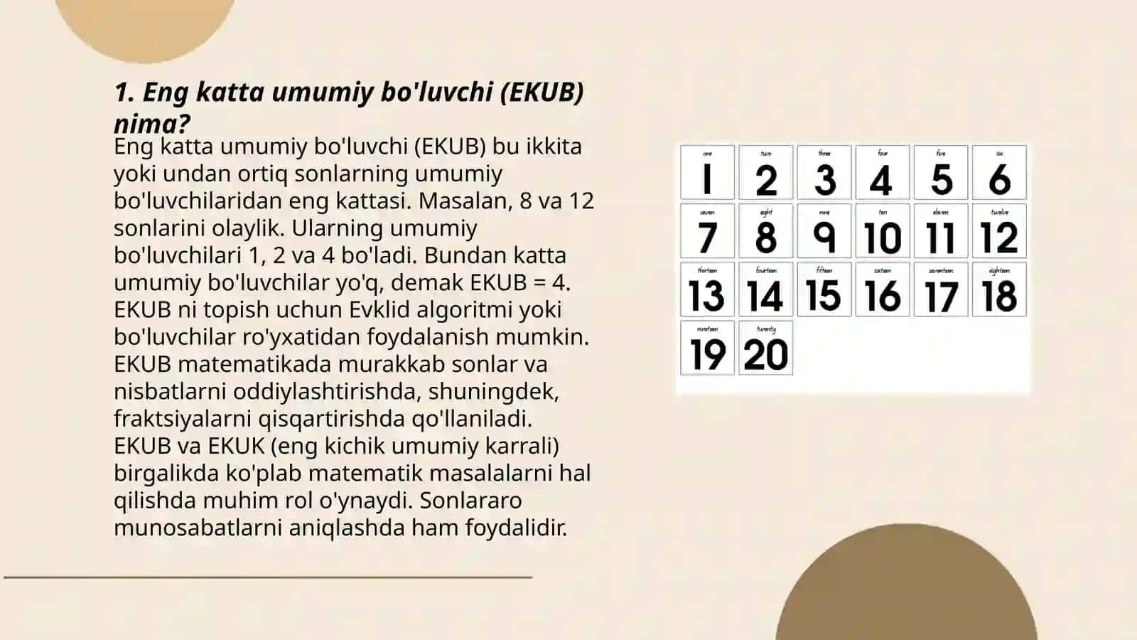 Eng katta umumiy bo'luvchi (EKUB) va Eng kichik umumiy karrali (EKUK) 3