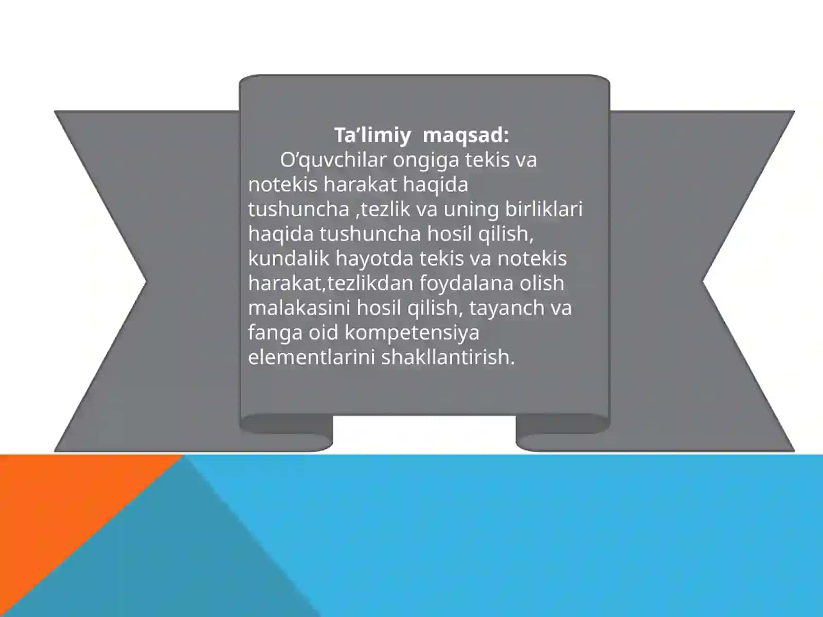 7-sinf Fizika fanidan To'g'ri chiziqli tekis harakatda tezlik va yo'l mavzusida dars ishlanma 3