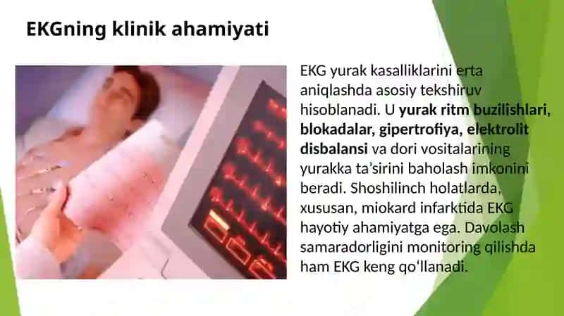 Elektrokardiogramma. EKG haqida tushuncha, maqsadlari va qayd qilish texnikasi. Elektrokardiograf apparatlarida ishlash, elektrodlarni to’g’ri ulash. Elektrokardiogrammani yozib olish 3