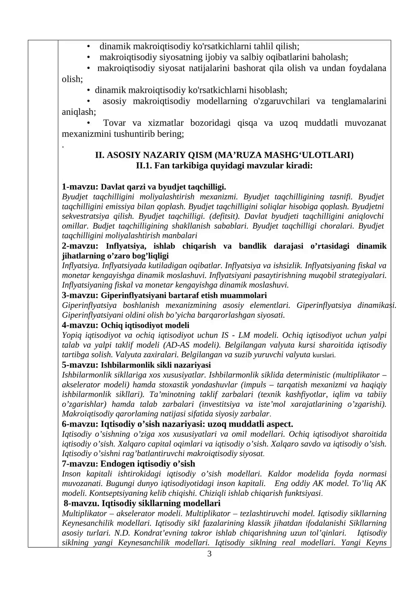 DINAMIK MAKROIQTISODIYOT FANINING O’QUV DASTURI 3
