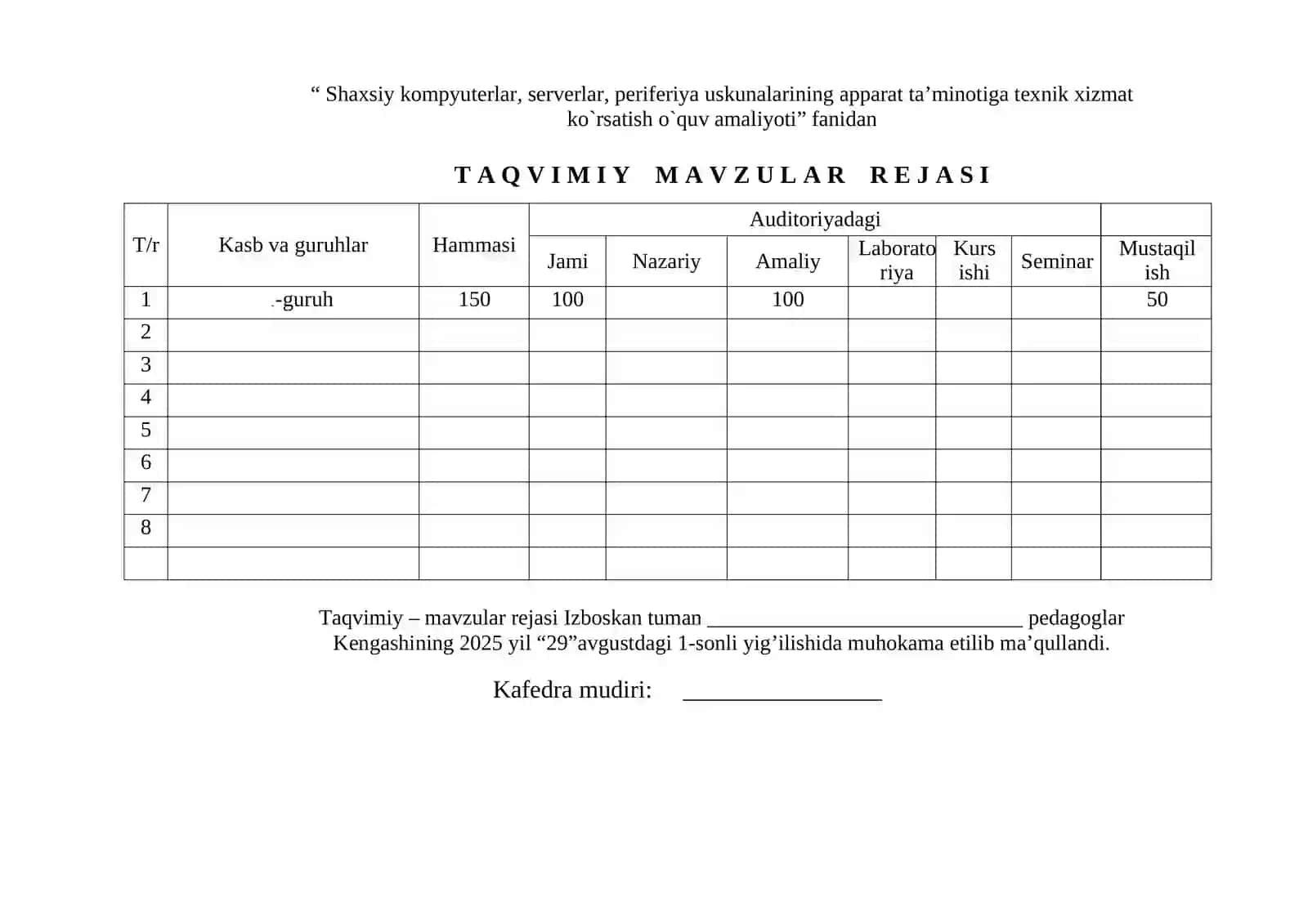 “SHAXSIY KOMPYUTERLAR, SERVERLAR, PERIFERIYA USKUNALARINING APPARAT TA’MINOTIGA TEXNIK XIZMAT KO`RSATISH” O`QUV AMALIYOTI 3
