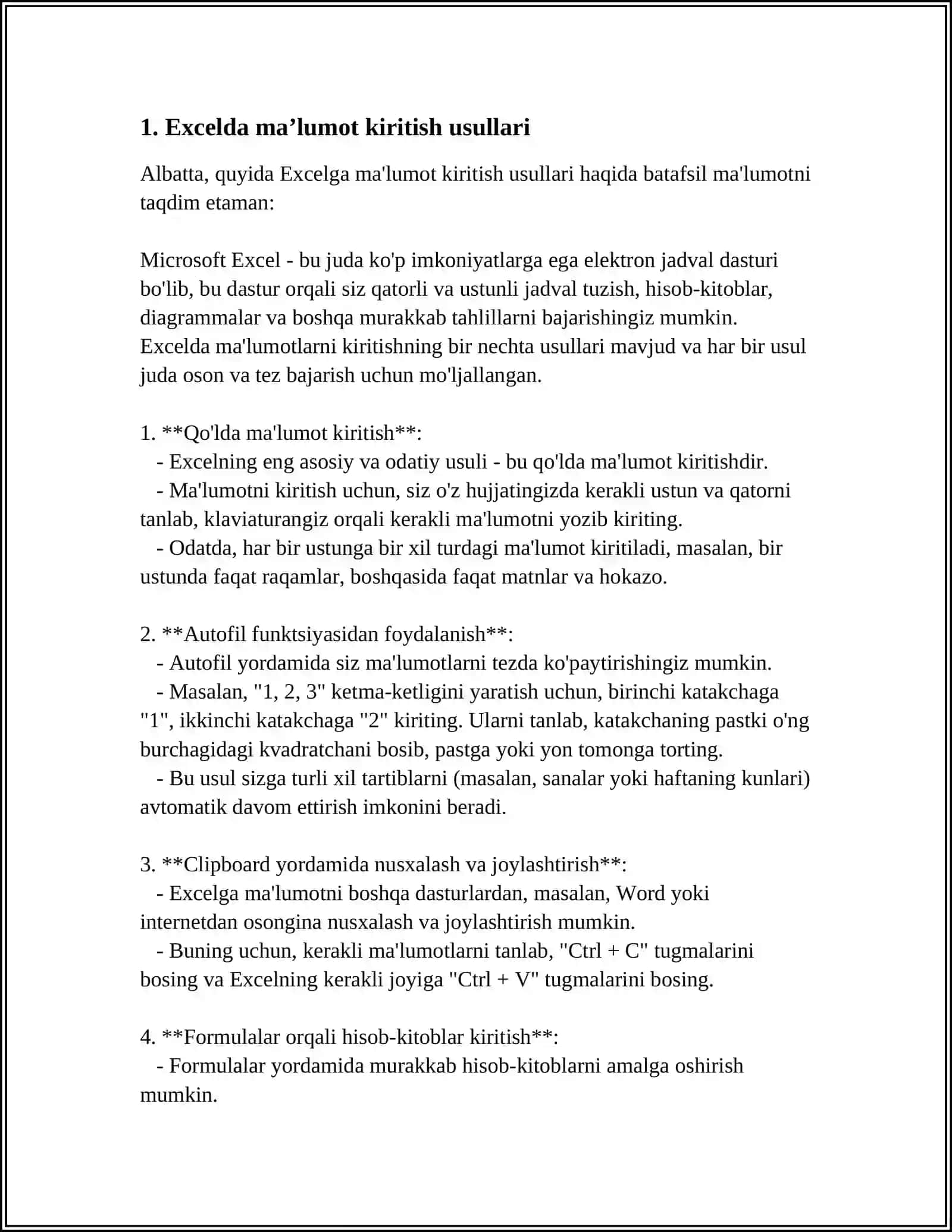 EXSEL DASTURIDA MAʼLUMOTLARNI KIRITISH VA TAXTIRLASH 3
