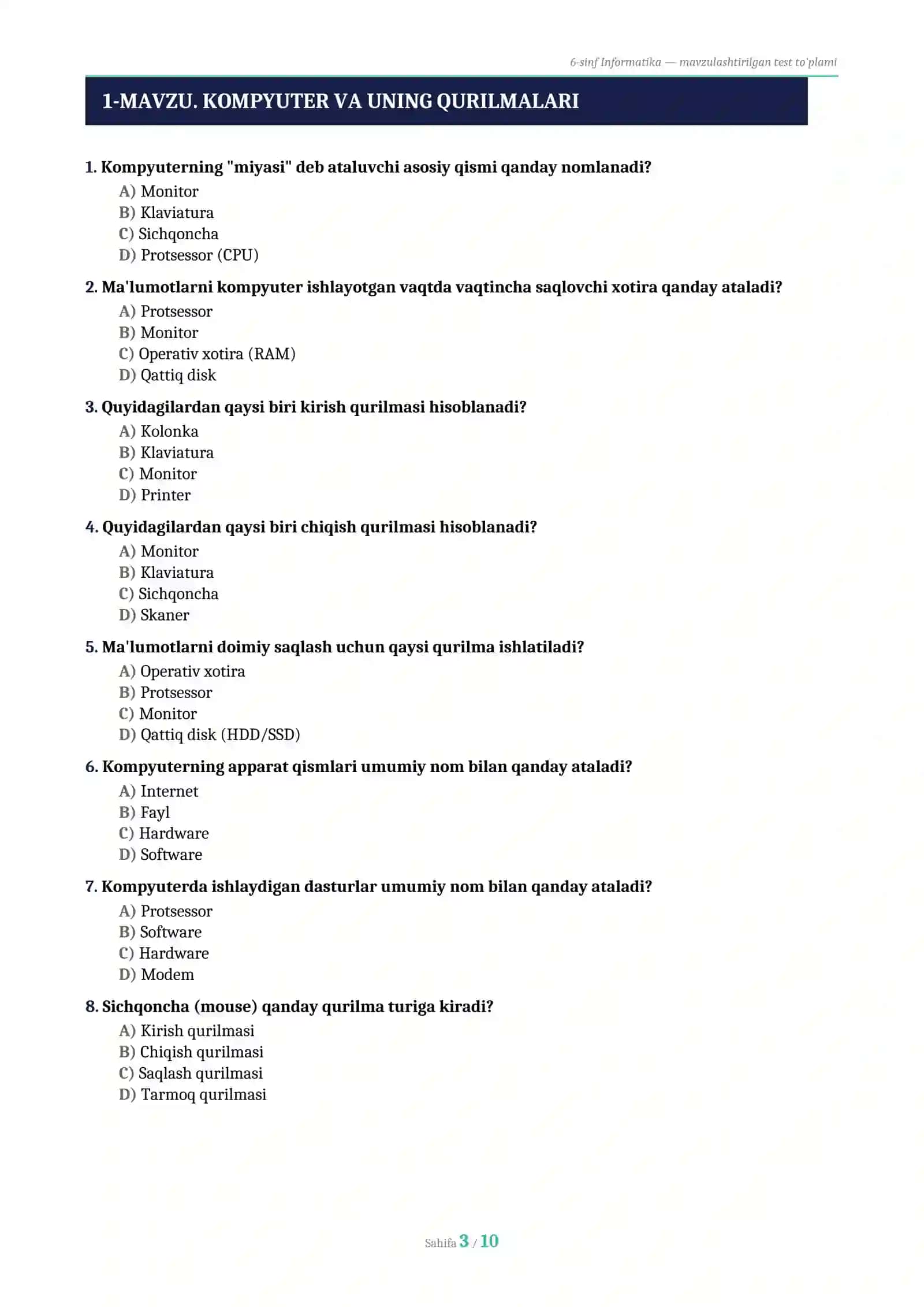 6-SINF INFORMATIKA — KOMPYUTER SAVODXONLIGI TEST TO'PLAMI 2026 (56 savol, javoblari bilan) 3
