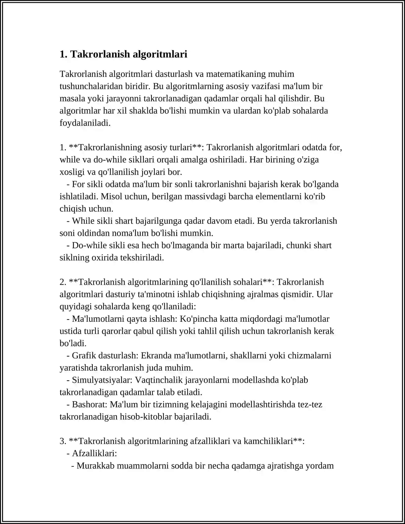 TAKRORLANUVCHI JARAYONLARNI TASHKIL ETISH. ALGORITM VA DASTUR 3