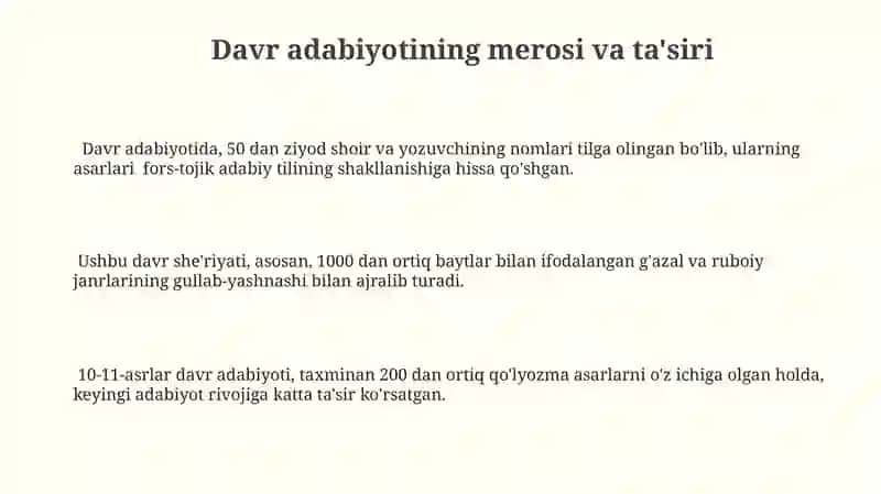 X-XI asrlarda fors-tojik tildagi adabiyotlardan namunalar toplash va tahlil qilish 3