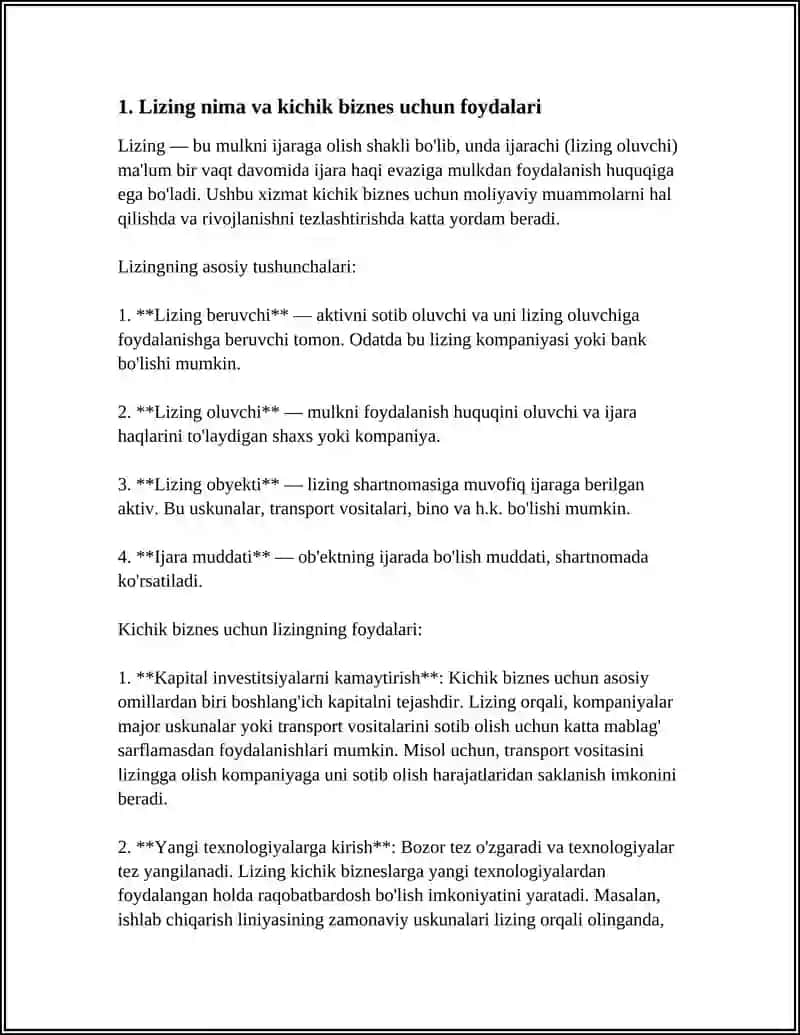 LIZING, KREDIT VA GRANTLARNING KICHIK BIZNESDA AHAMIYATI 3