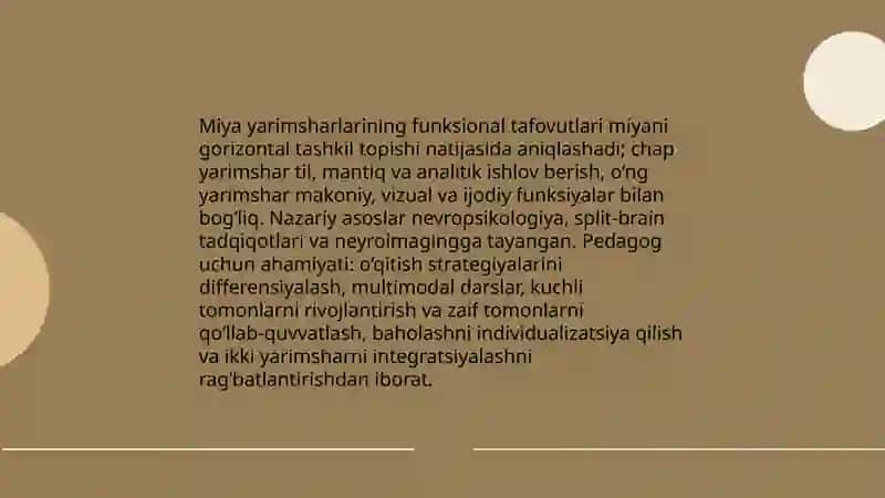 Miya yarimsharlarining funksional tafovutlari va ularni hisobga olishda pedagogning roli 3