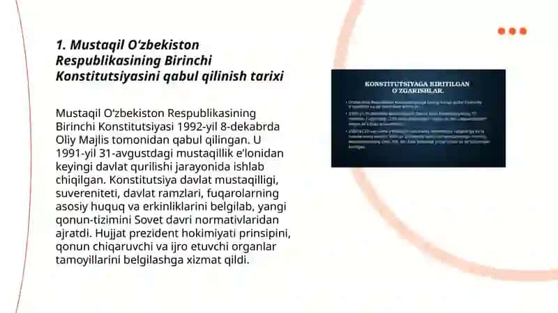 Mustaqil Oʻzbekiston Respublikasi birinchi konsitutsiyasi va uning oʻziga hos jihatlari 3