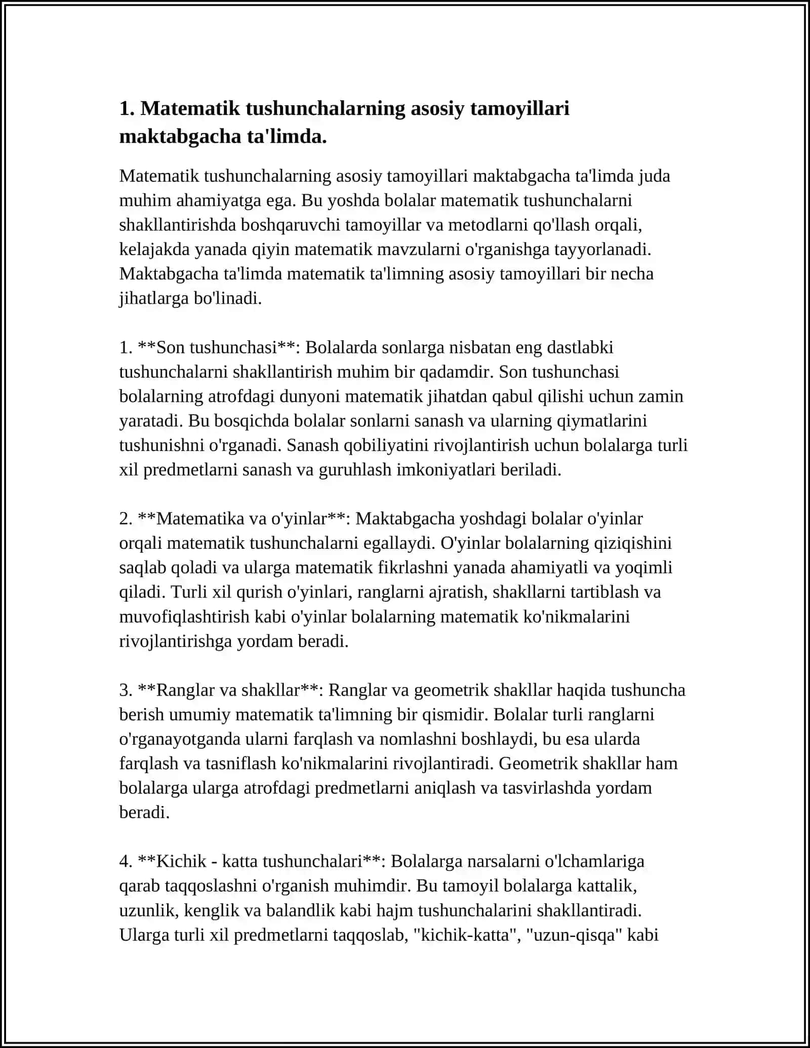MAKTABGACHA TA’LIM TASHKILOTLARIDA MATEMATIK TUSHUNCHALARNI SHAKLLANTIRISH YUZASIDAN METODIK ISHLARNING MAZMUNI 3