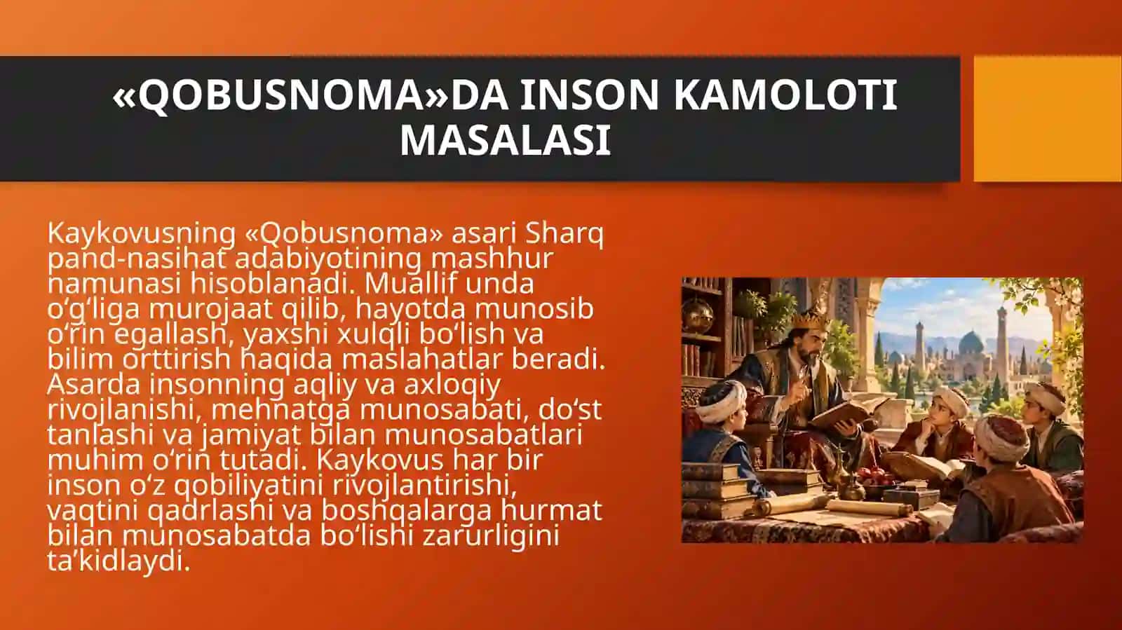 Kaykovusning ,,Qobusnoma" Umar Hayyomning ,,Navroʻznoma" Davlatshoh Samarqandiniyning ,,tazkirat hush-aro " asarlarining gʻoyaviy mazmuni 3