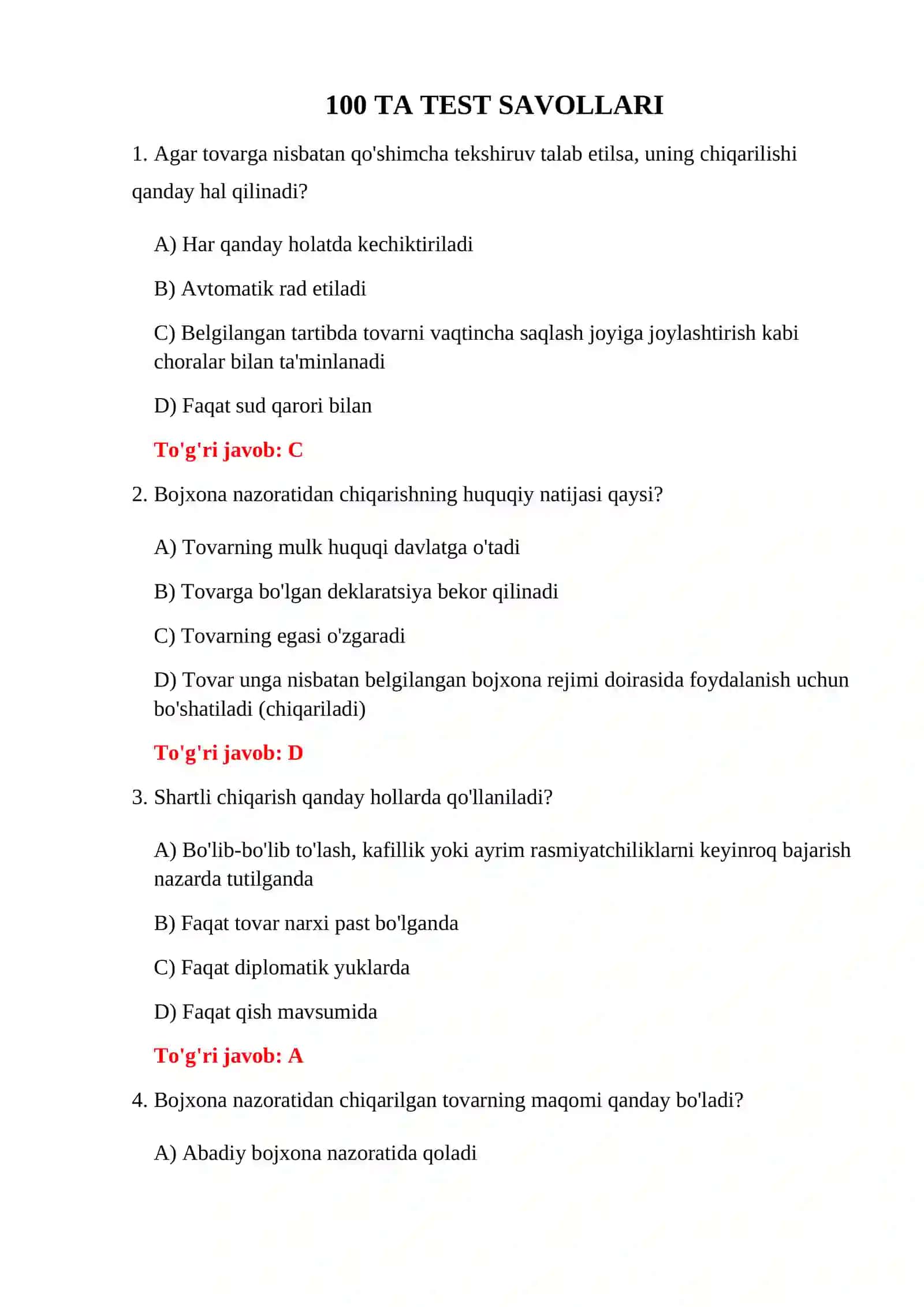 BOJXONA NAZORATI 100 TA TEST 3