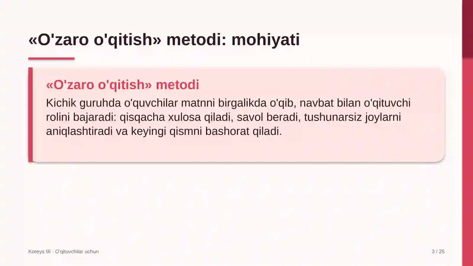 koreys tili darslarida o'zaro o'qitish metodidan foydalanish 6643 3