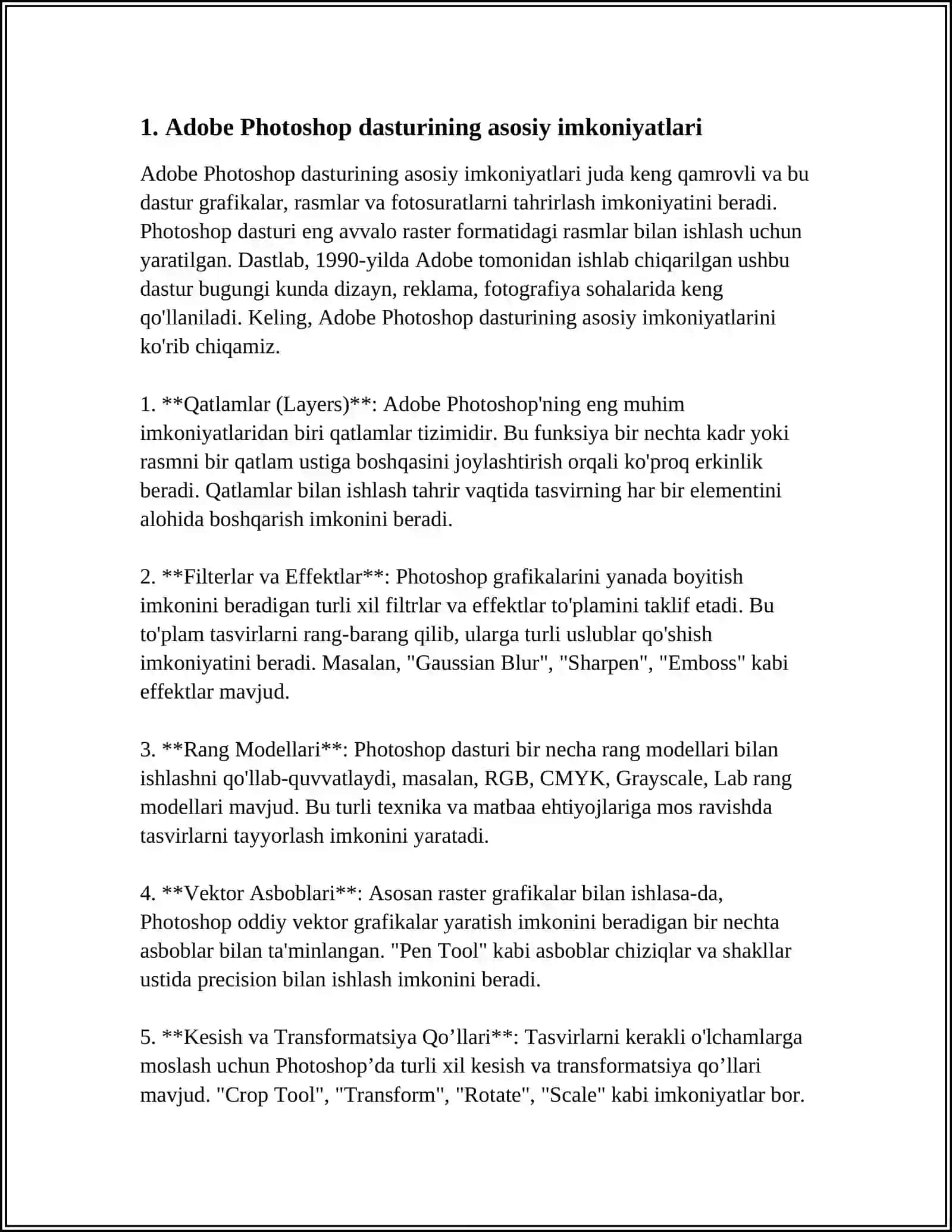 ADOBE PHOTOSHOP GRAFIK MUHARRIRI IMKONIYATLARI, QO’LLASH SOHALARI VA MAQSADLARI 3