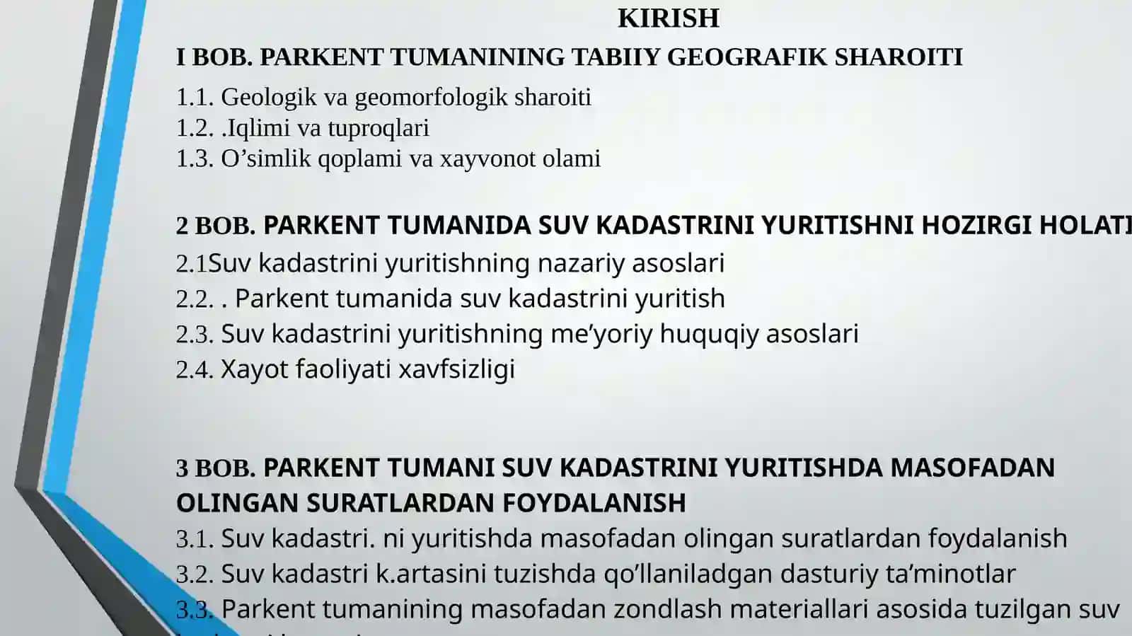 PARKENT TUMANIDA SUV KADASTRINI YURITISHDA MASOFADAN ZONDLASH MATERIALLARINI QO’LLASH BITIRUV MALAKAVIY ISHI 3