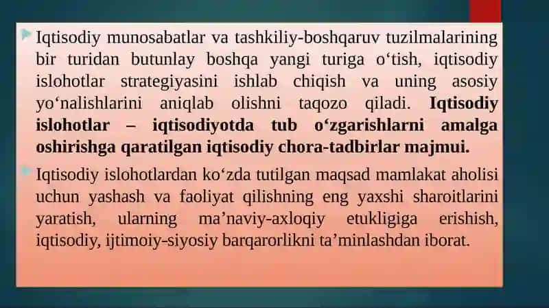 IQTISODIY ISLOHOTLAR, XUSUSIY MULKCHILIKNING SHAKLLANISHI. O’ZBEKISTONDA BOZOR MUNOSABATLARINING RIVOJLANISHI 3