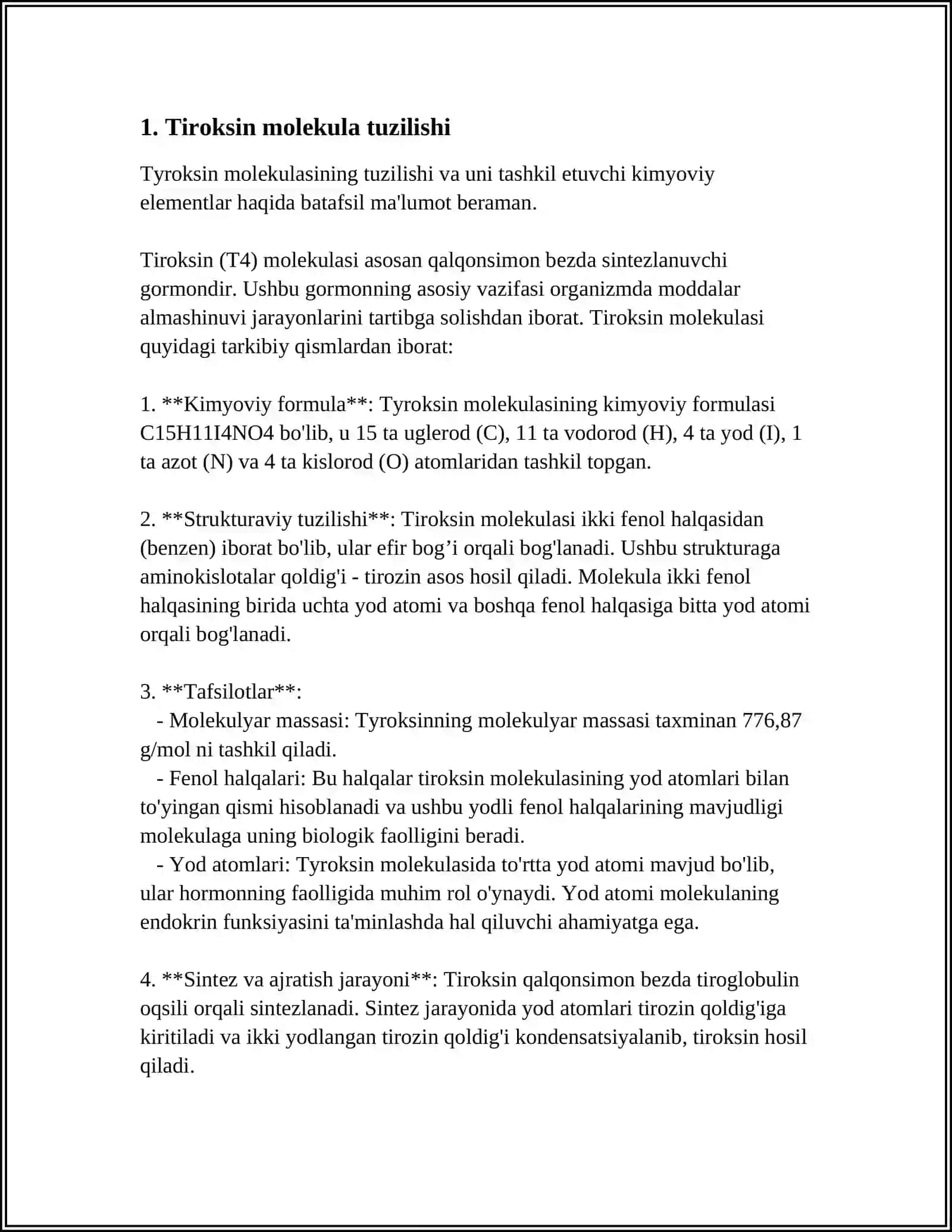 Tiroksin va uning birikmalarining molekula tuzilishi, olinishi, xossalari va ishlatilishi 3
