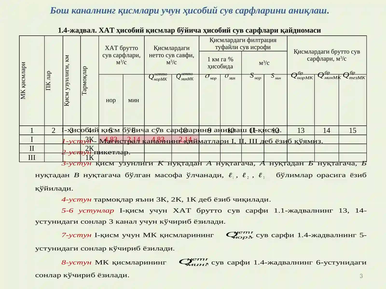 БОШ КАНАЛНИНГ ҚИСМЛАРИ УЧУН ҲИСОБИЙ СУВСАРФЛАРИНИ АНИҚЛАШ 3