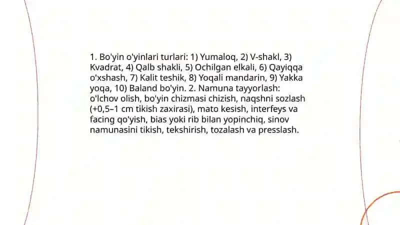 Ayollarni kiyimlarini boʻyin o'yindilariga ishlov berish namunalari tayyorlash 3