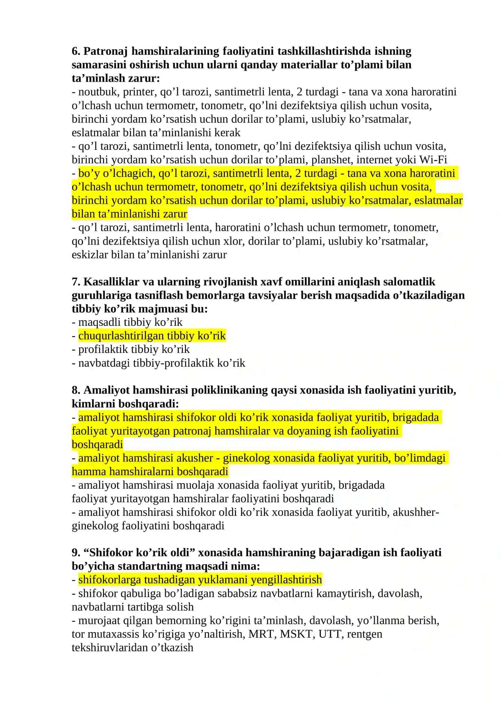 HAMSHIRALIK ISHI (PATRONAJ HAMSHIRALARI) MUTAXASSISLIGI BO’YICHA SHAKLLANTIRILGAN TEST SAVOLLARI RO’YXATI 3