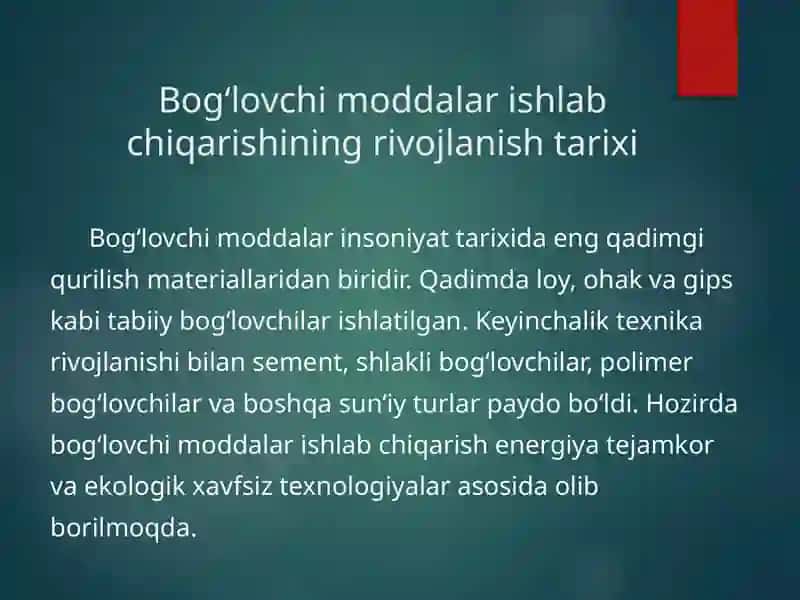 Bog'lovchi moddalarni ishlab chiqarishni rivojlanishi. Gips mahsulotlari, ularning turlari va ishlatilish sohalari 3
