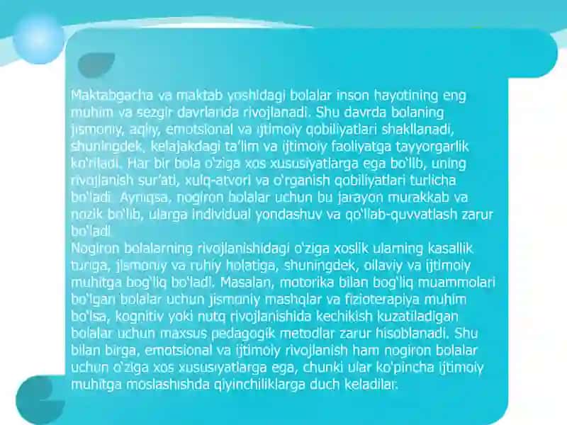 Maktabgacha va maktab yoshidagi nogiron bolalarning rivojlanishining oʻziga xosligi 3