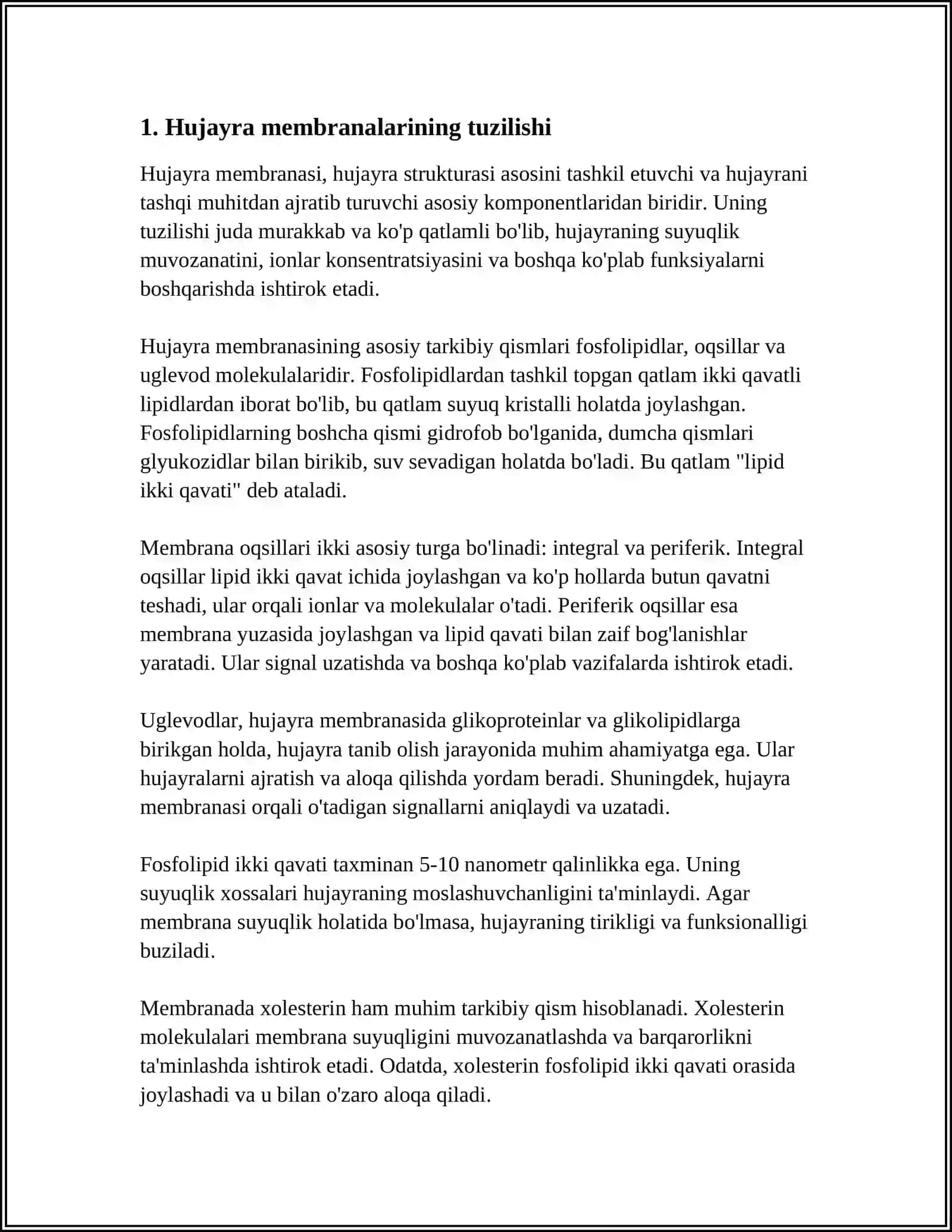 HUJAYRA MEMBRANALARINING TUZILISHI.MEMBRANA TRANSPORTI 3