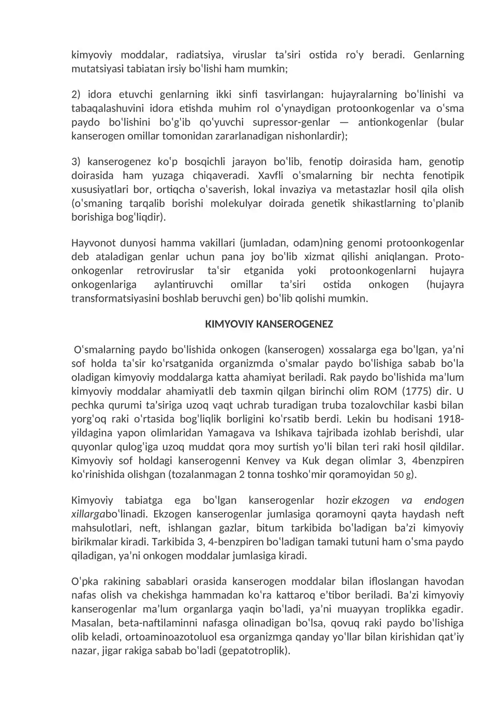 Neoplaziya. Kanserogenezni molekulyar asoslari. O‘sma o‘sishi biologiyasi: yaxshi sifatli va yomon sifatli o‘smalar. Kanserogen agentlar va ularning xujayralar bilan o‘zaro tasiri.O‘smaning klinik xususiyatlari. O‘smaning organizmga tasiri. Epitelial o'smalar. Mezenximal o'smalar 3