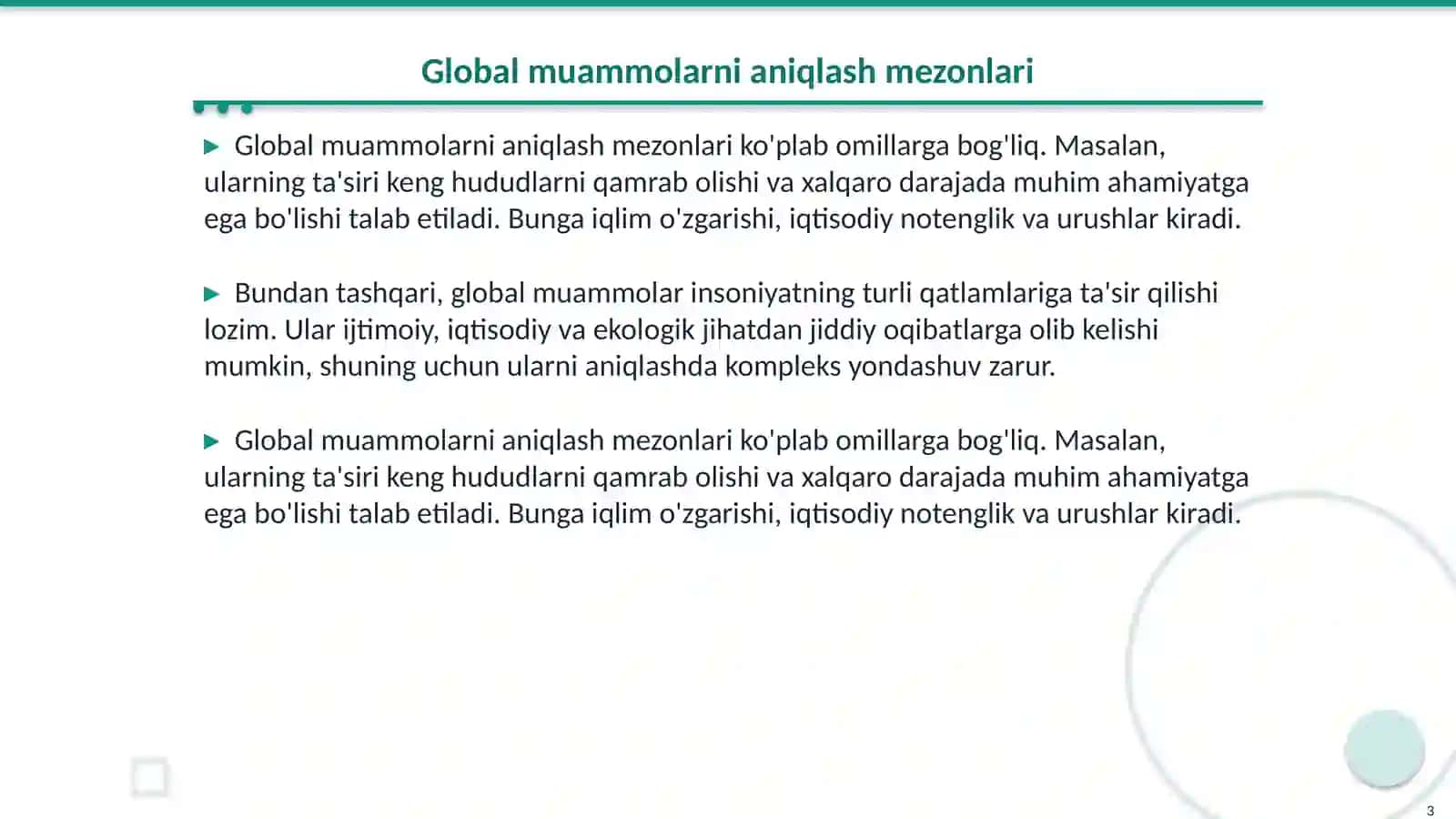 Global muammolarning mezonlari va darajalari. Falsafa fani xulosasi bilan 3