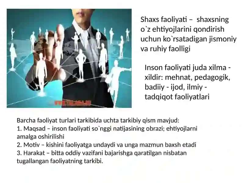 Shaxs faoliyatining turlari va uning ta'lim olishga ta'sir kuchi. O'zbekistonda mustaqillik yillarida pedagogik diagnostika sohasida amalga oshirilgan ishlar va ularning natijalari 3