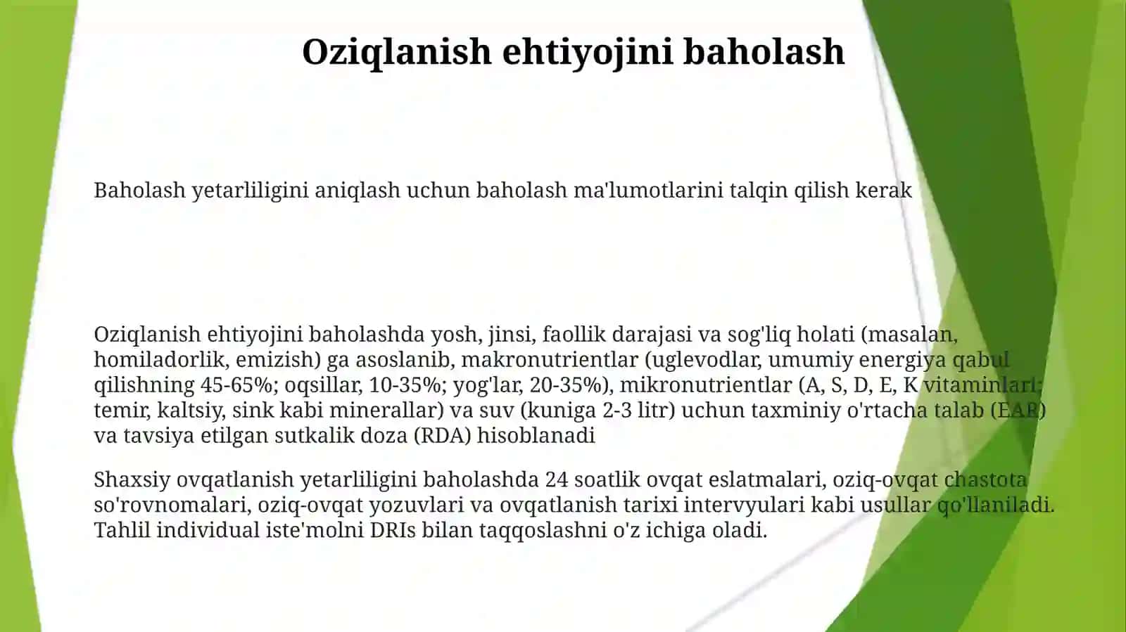 Shaxsiy ovqatlanishning adekvatligini o'rganish va baholash 3