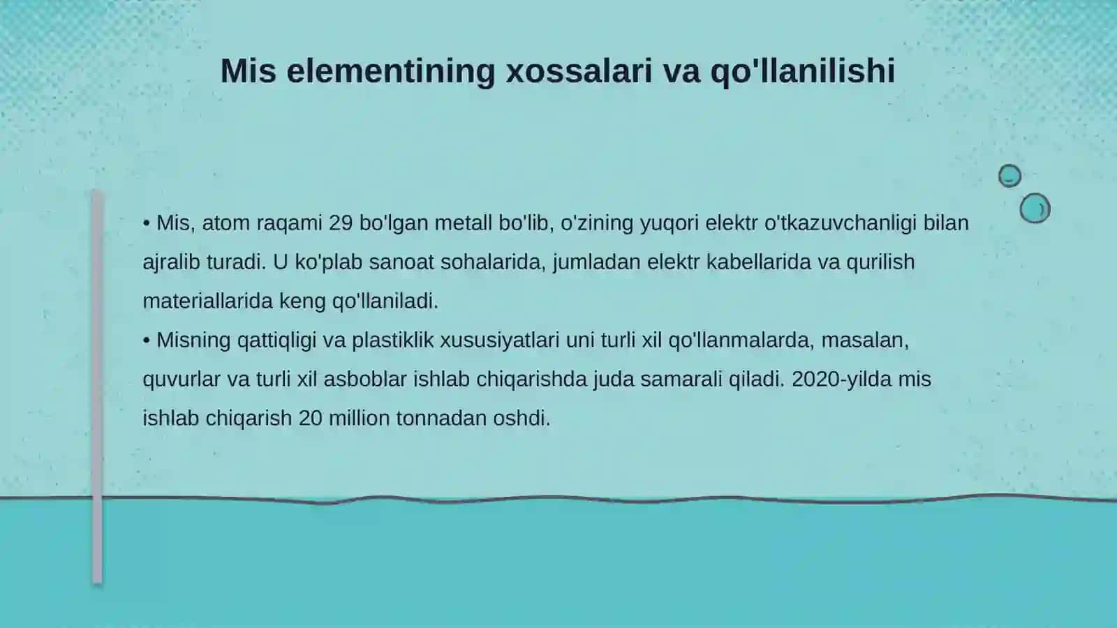 Mis elementining xossalari va qo'llanilishi 3