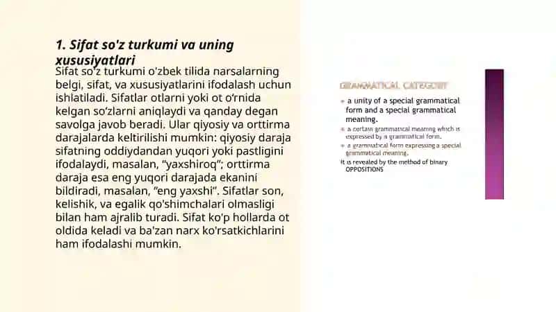 Sifat so'z turkumini o'rganishda grammatik o'yinlardan foydalanish.Aniq mavzu bo'yicha tahlili taqdimot(prezentatsiya)tayyorlash 3