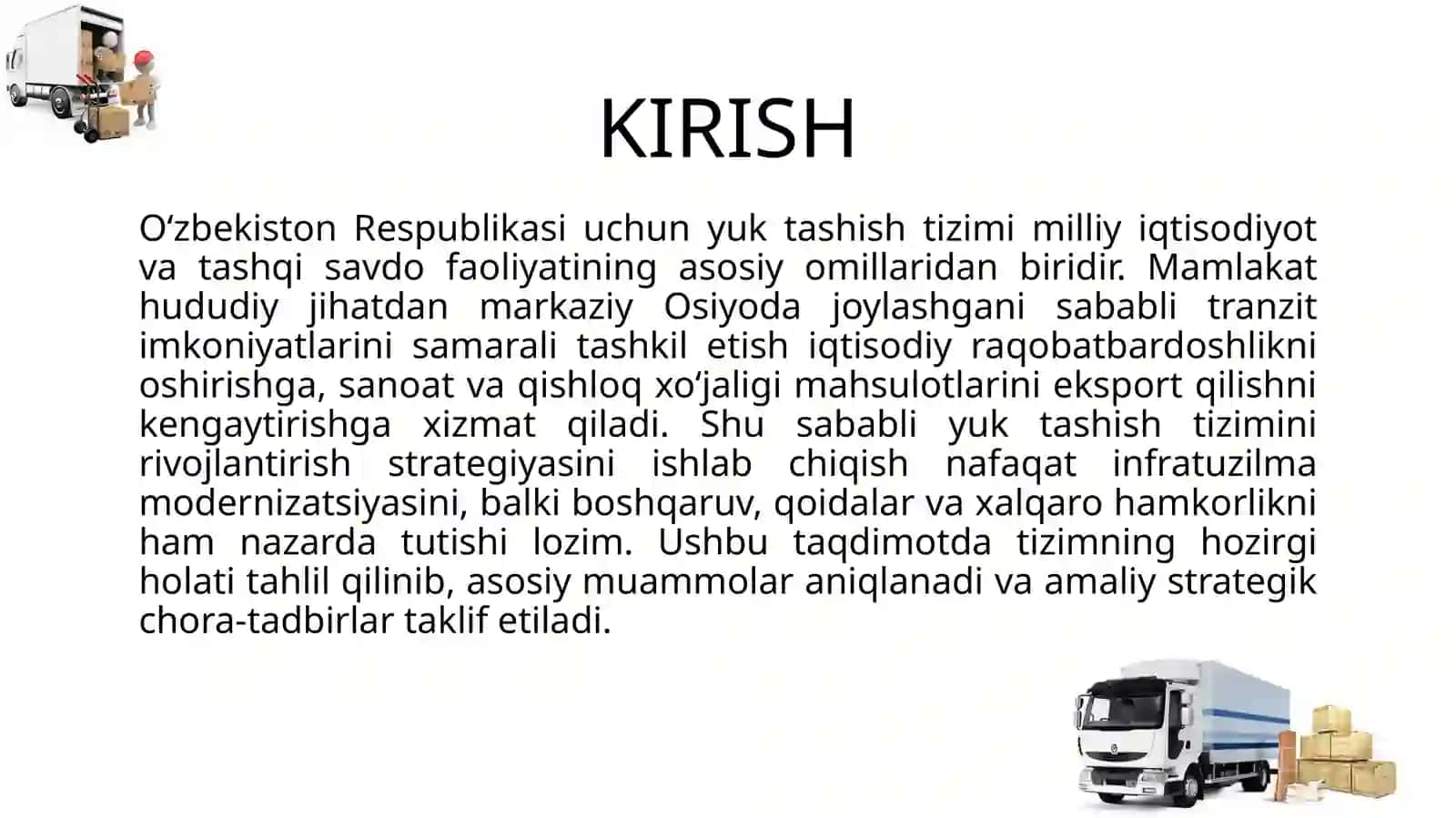 O'zbekiston Respublikasida yuk tashish tizimini rivojlantirish strategiyasi o`rganib chiqish 3