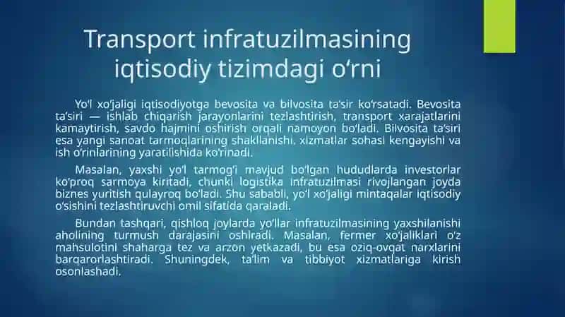 Avtomobil yo‘l xo‘jaligini iqtisodiyotda tutgan o‘rni 2 3