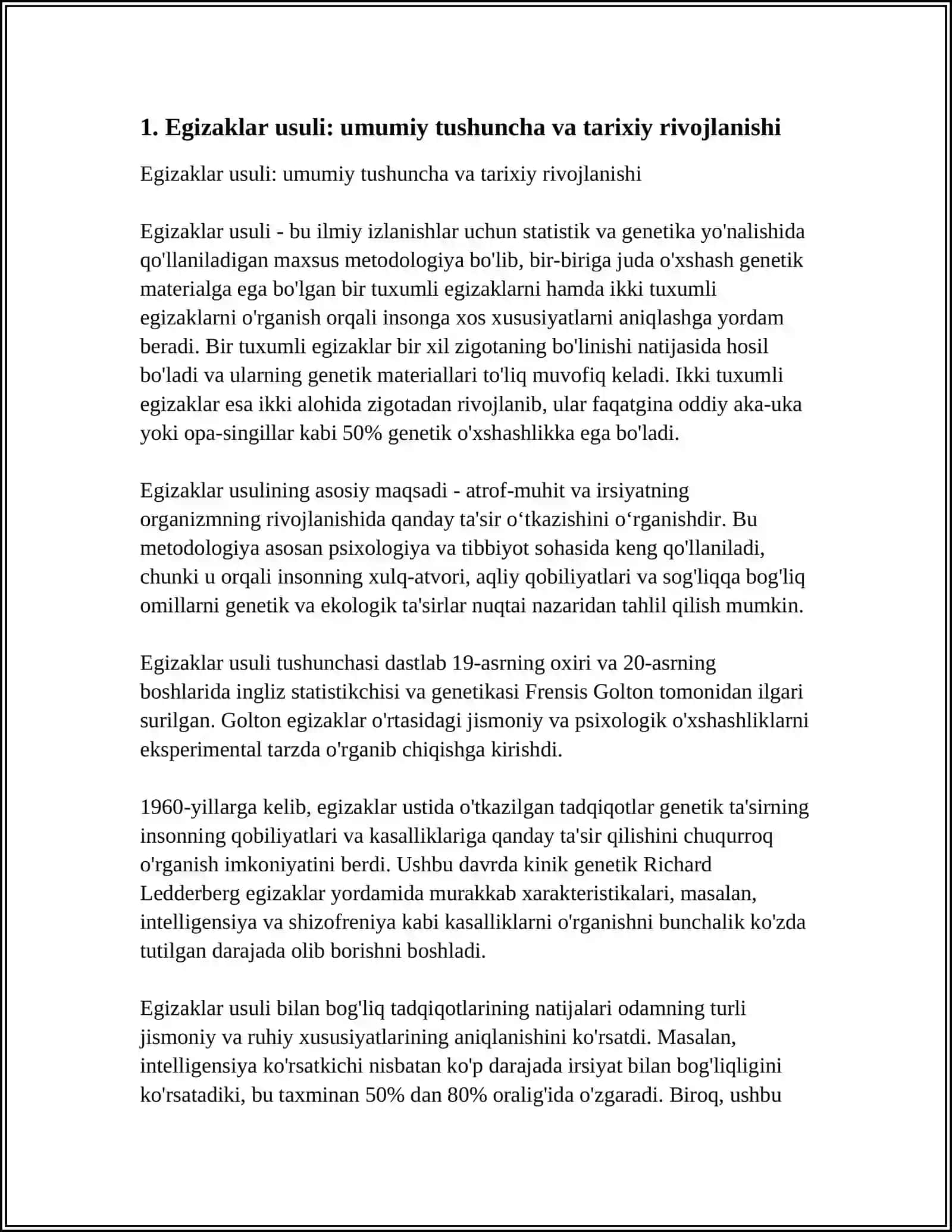 EGIZAKLAR USULI. BIR(BE) VA IKKI TUXUM HUJAYRALI (IE) EGIZAKLARDA UCHRAYDIGAN BELGILARNING KONKORDANTLIGI 3