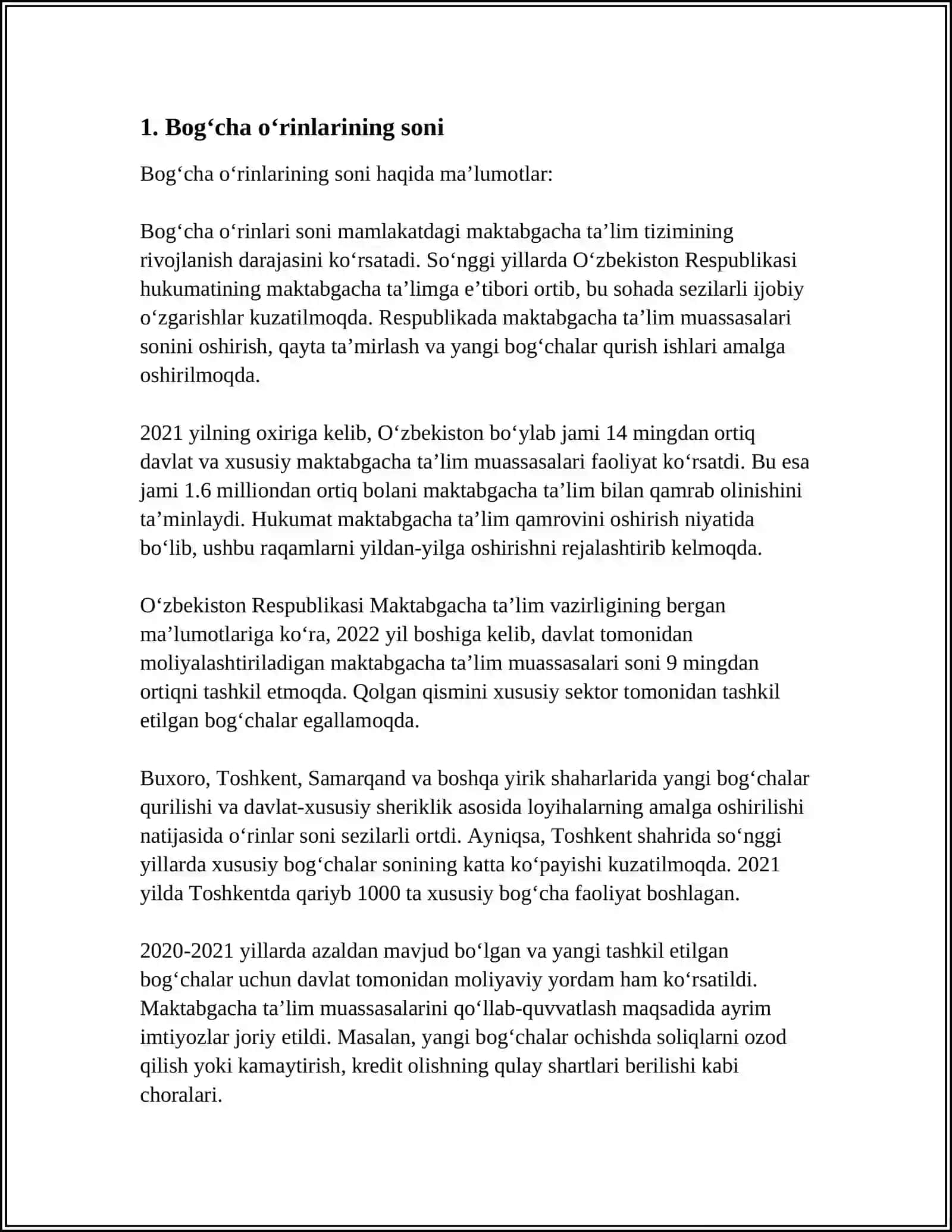MUSTAQIL ISH: BOLALAR BOG‘CHALARI ( YASLILARDAGI ) O‘RINLAR SONI, MUAYYAN POSYOLKA AHOLISINING DEMOGRAFIK TUZILISHI 2024-2025-o'quv yili 3