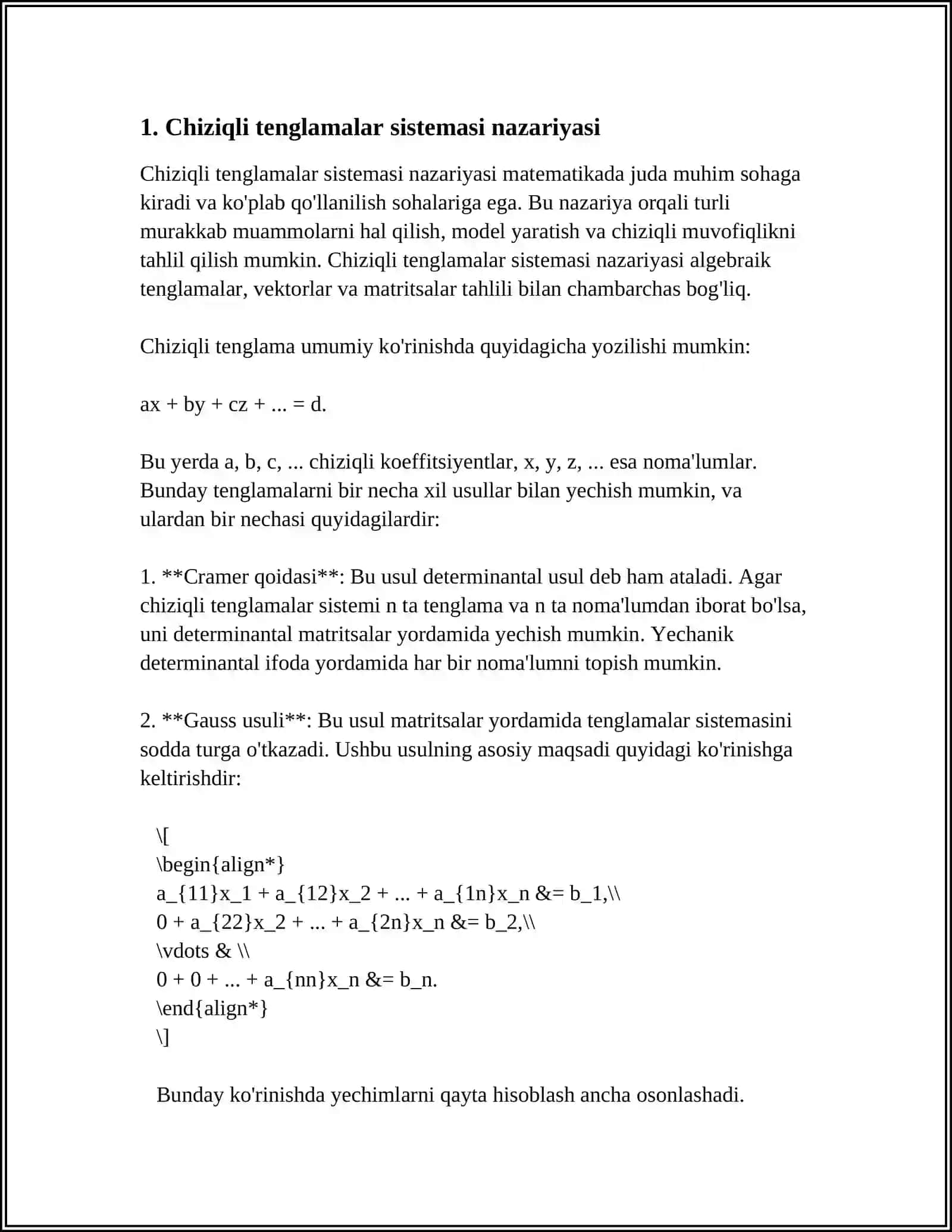 CHIZIQLI TENGLAMALAR SISTEMASI VA UNI YECHISH USULLARI.KRONEKER-KAPELLI TOREMASI.BIR JINSLI CHIZIQLI ALGEBRAIK TENGLAMALAR SISTEMASI.CHIZIQLI ALGEBRAIK TENGLAMALAR SISTEMASINI YECHISHDA DASTURLAR MAJMUOSIDAN FOYDALANISH.CHIZIQLI ALGEBRAIK TENGLAMALAR SISTEMASINING TATBIQLARI 3
