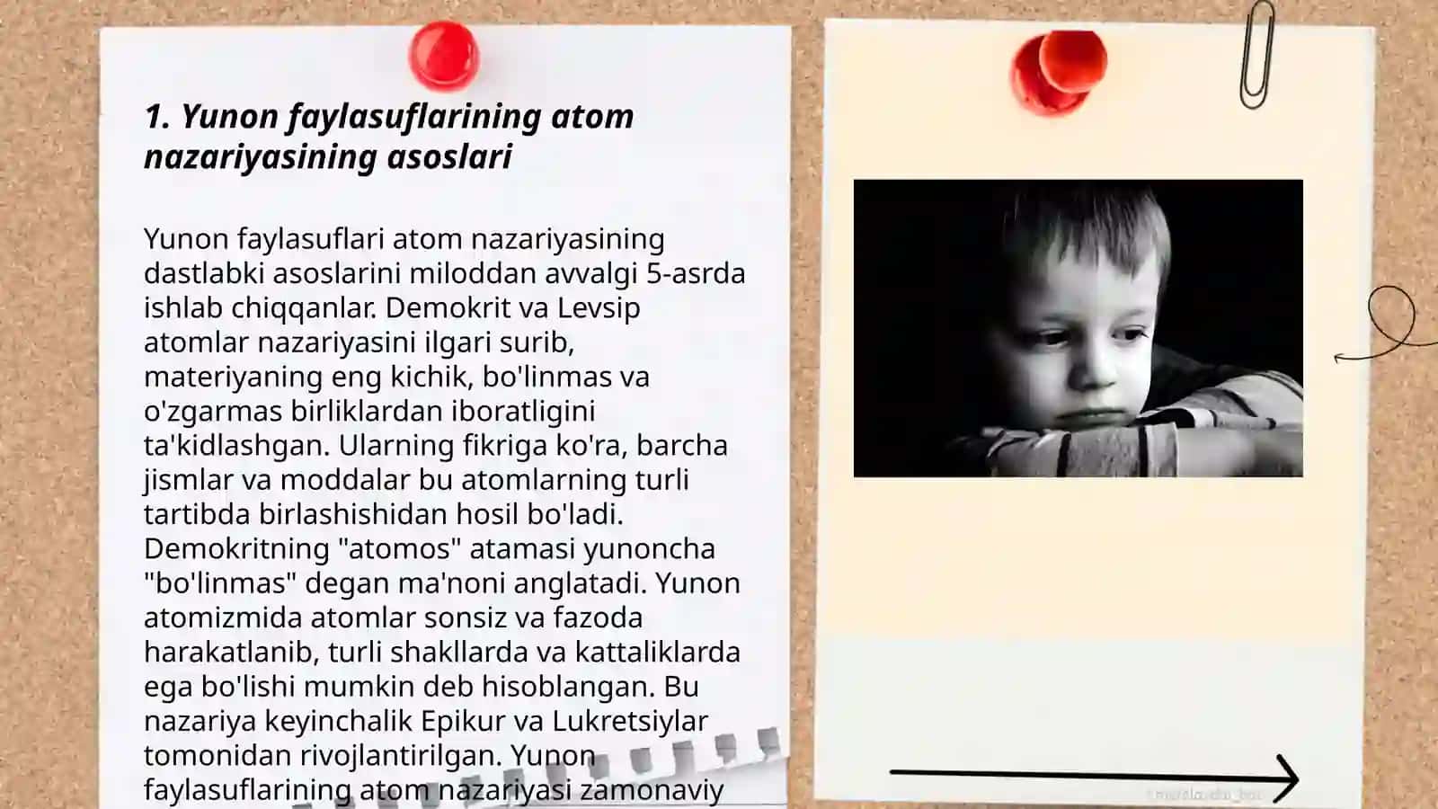 Yunon faylasuflarining atom va element to'g'risidagi tushunchalarini hozirgi zamon malumotlari bilan taqqoslash 3