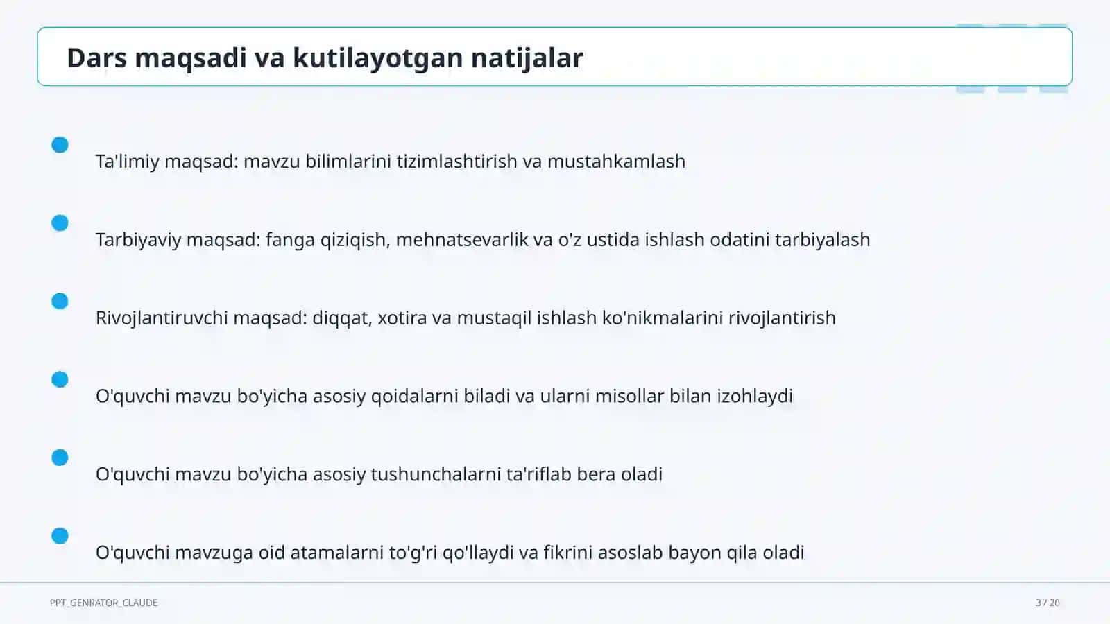 Tabiatshunoslik (1–4) Dars maqsadi va kutilayotgan natijalar 3