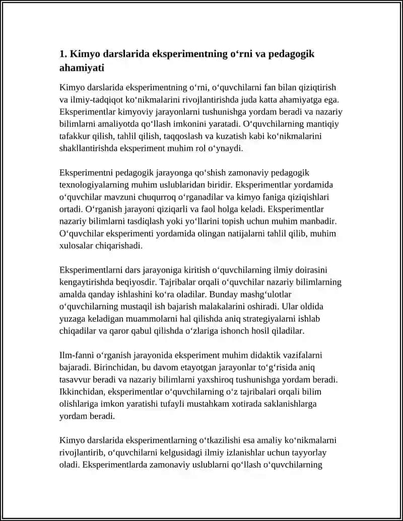 KIMYO O'QITISHDA EKSPETIMENTDAN FOYDALANISH ZAMONAVIY PEDOGOGIK TEXNOLOGIYANING ENG MUHIM USLUBIY EKANLIGI MAVZUSIDA 3