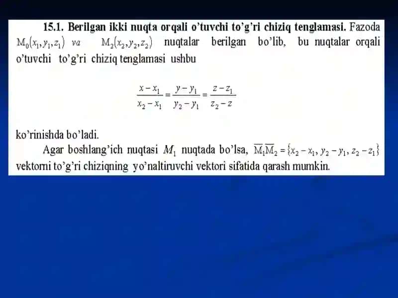 Oliy matematika: Fazoda ikki to’g’ri chziq orasidagi burchak. To’g’ri chziq  va tekislik  orasidagi burchak. 3