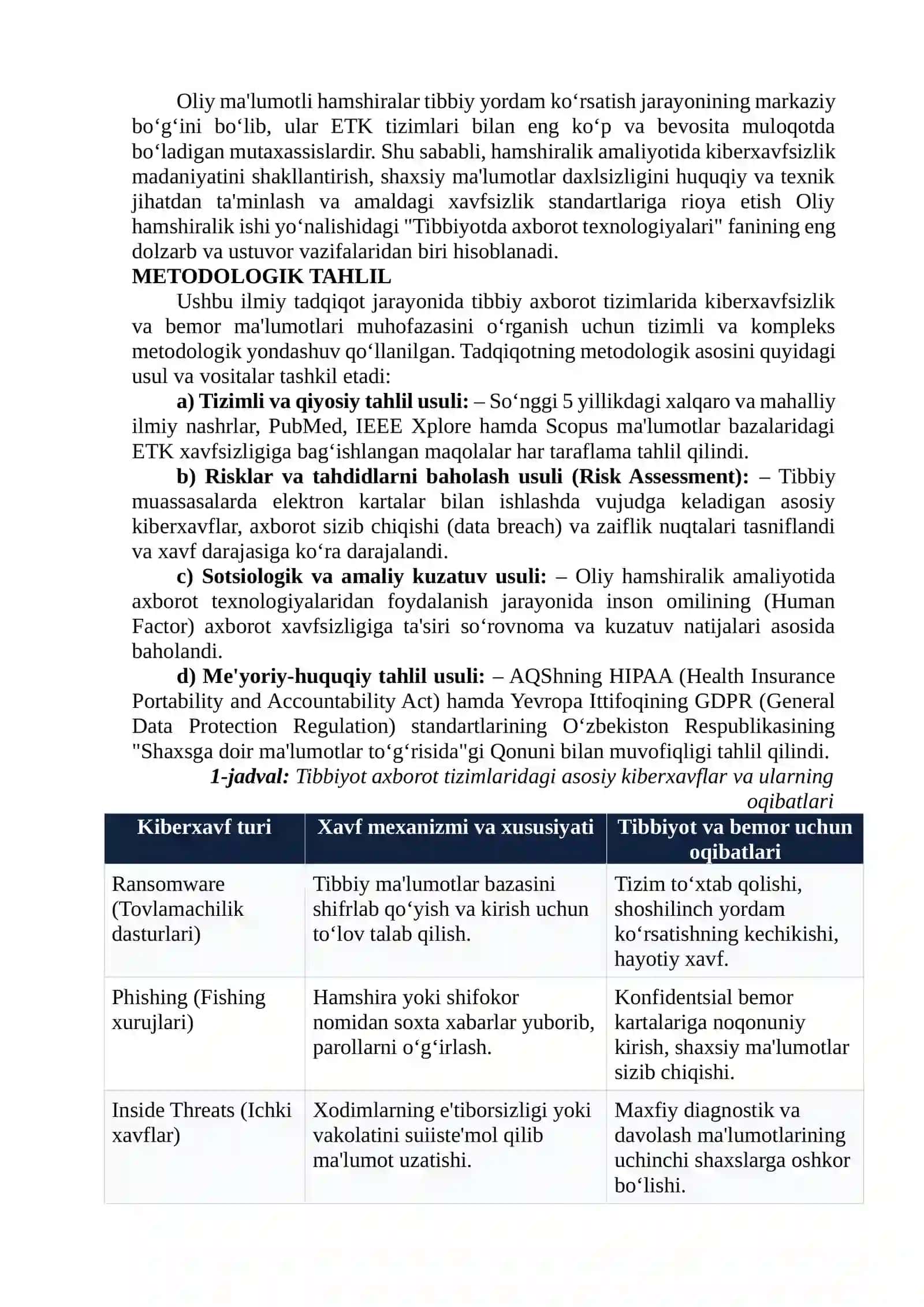 Elektron Tibbiy Kartalardan Foydalanishda Bemor Ma'lumotlari Xavfsizligi va Kiberxavfsizlik Muammolari 3