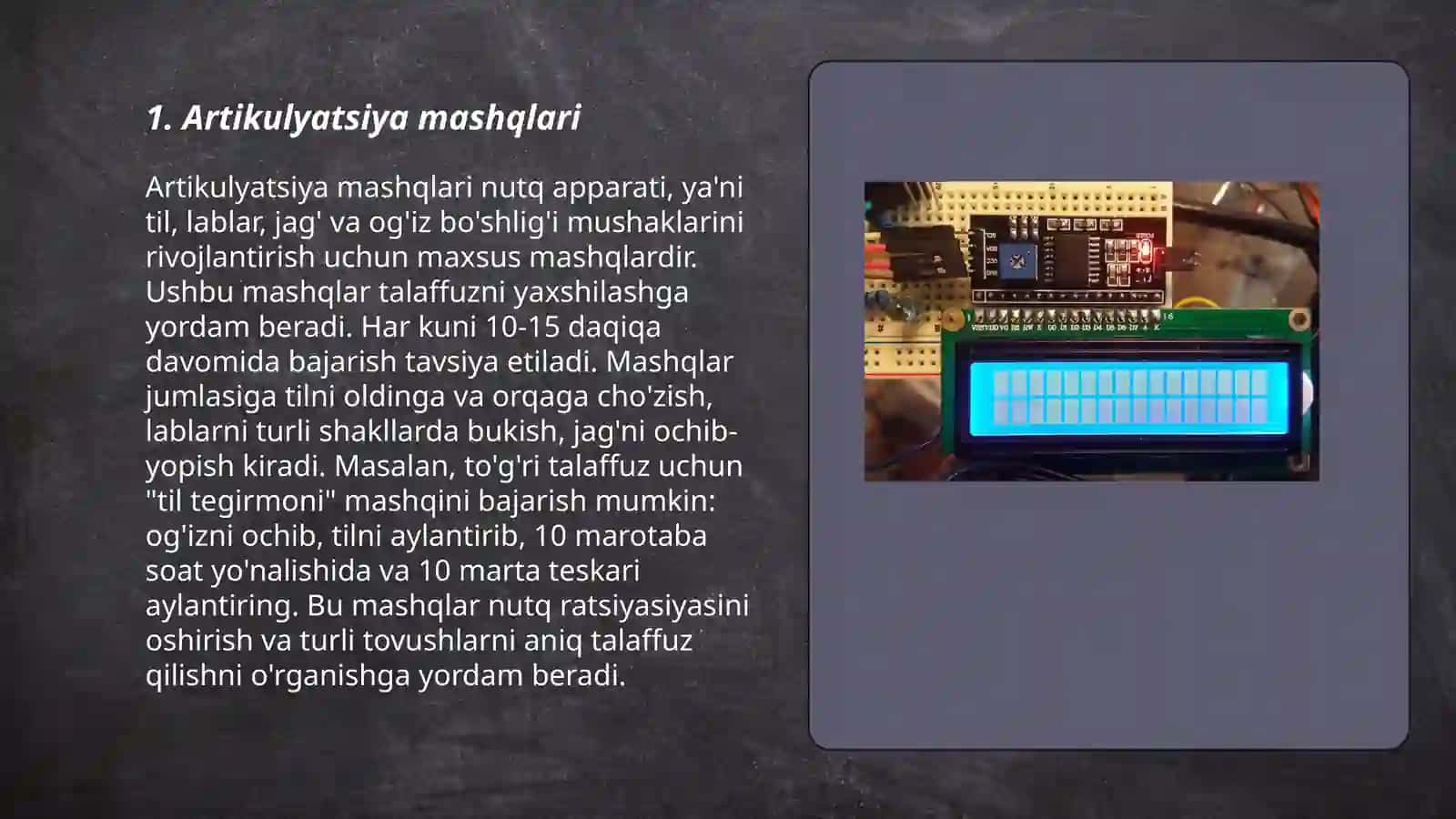Tovushni mustahkamlash bosqichida artikulyatsiya, diktsiya, intanatsion ifodalilikni, mantiqy urg'uni rivojlantirishda logopedik ritmika 3